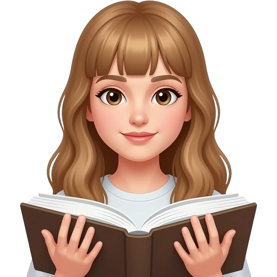 a young woman with long light brown hair and fringe is reading a book emoji