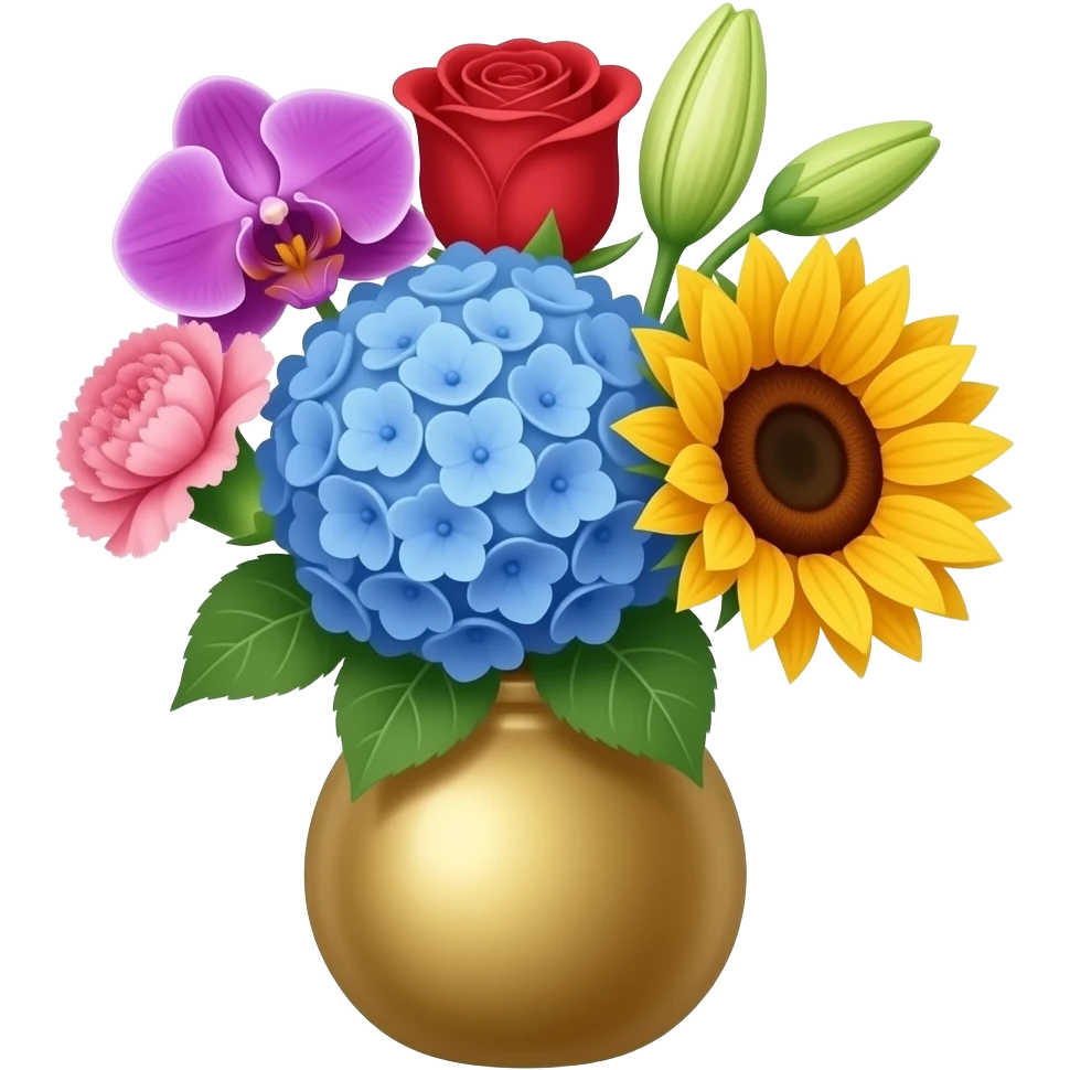 a bunch of flowers in a gold vase with little purple orchid, a pink carnation, a blue hydrangea, a red rose, a sunflower and a lily emoji