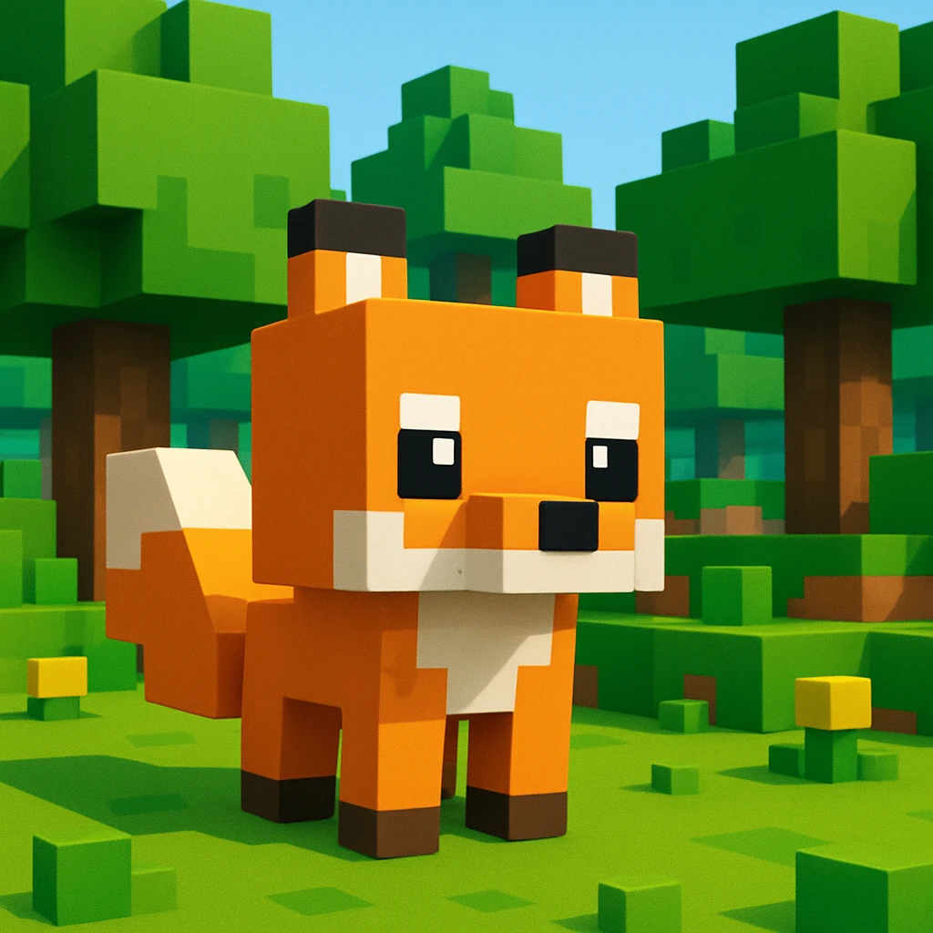 Minecraft fox character, blocky and geometric, expressive eyes, standing in a forest biome emoji