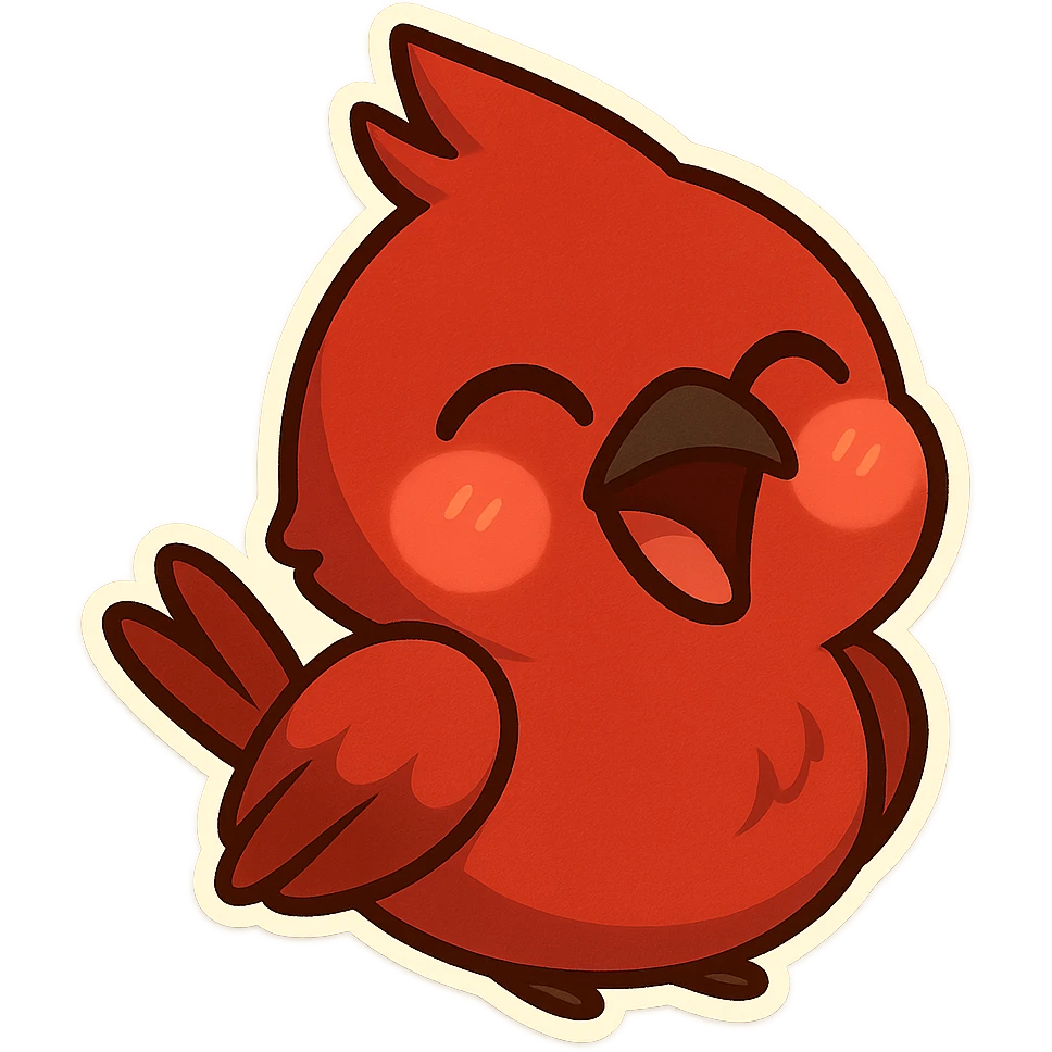 Chibi red male cardinal laughing with eyes closed and beak wide open, soft glowing cheeks, cozy cartoon emoji. emoji