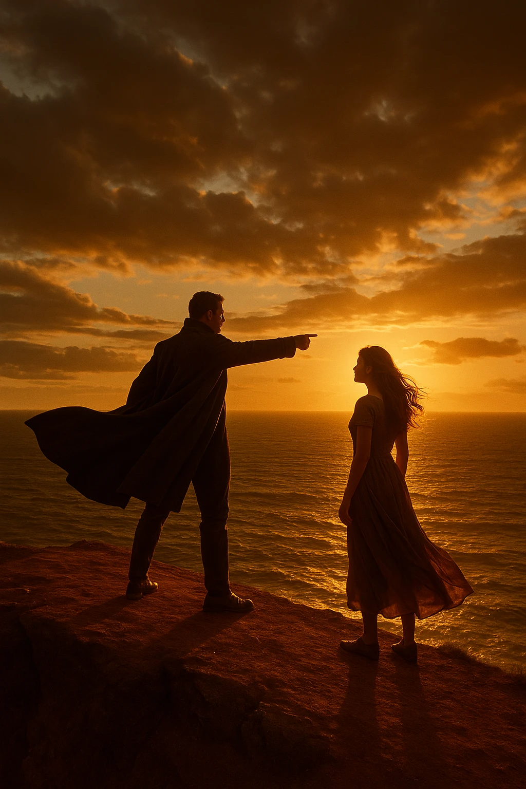 A cinematic scene of a man as a commander guiding a woman toward a bright future, standing on a cliff edge overlooking a vast ocean at sunset, with the man pointing forward while the woman looks at him, ready to follow his lead. The man wears a dark coat blowing in the wind, creating a heroic silhouette, while the woman wears a flowing dress, her hair catching the light. Warm, dramatic lighting with golden tones, emphasizing hope and leadership. Wide-angle shot capturing the epic scenery and emotional connection.
 emoji