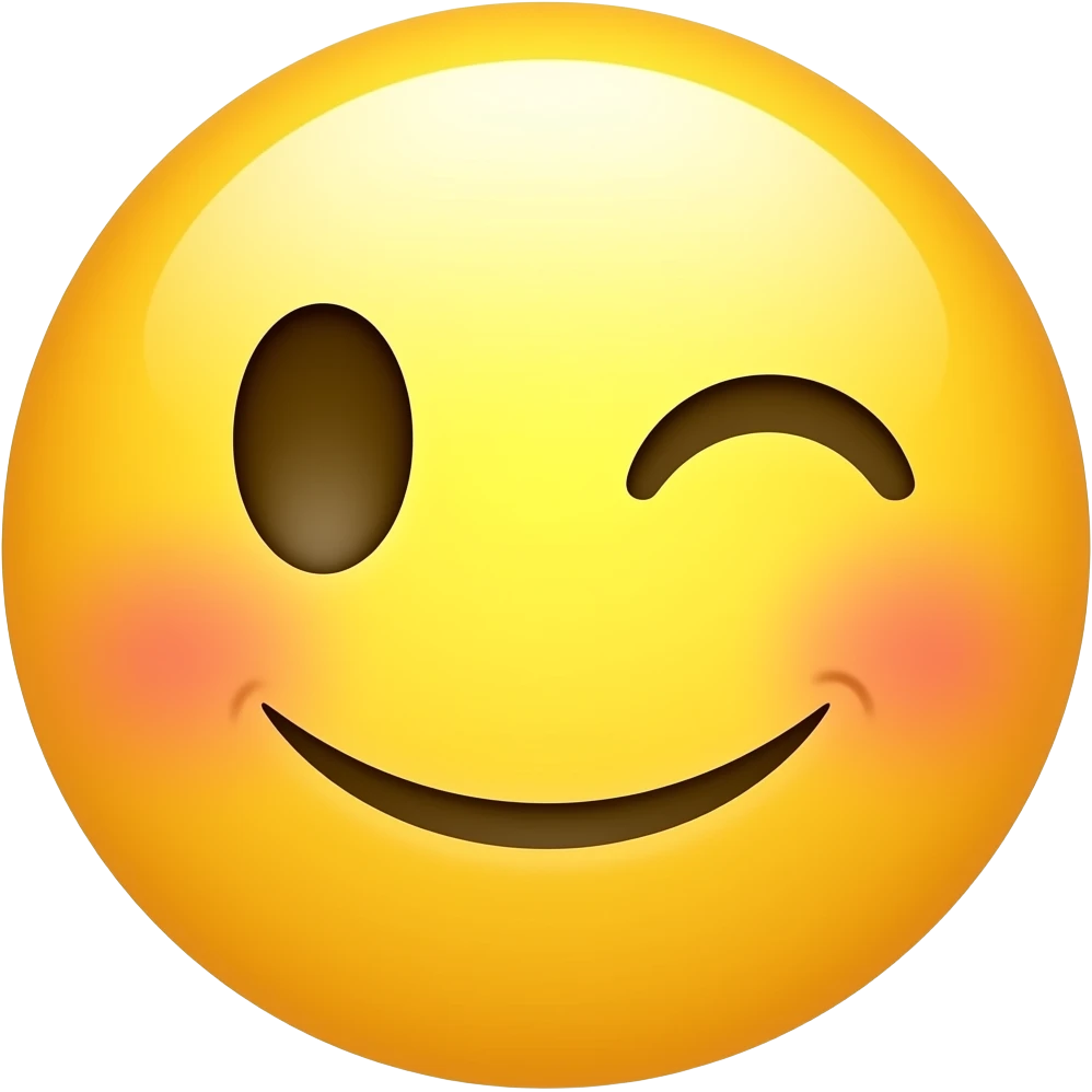 A yellow emoji face smiling broadly, raising its cheek and closing a small part of its eye. emoji