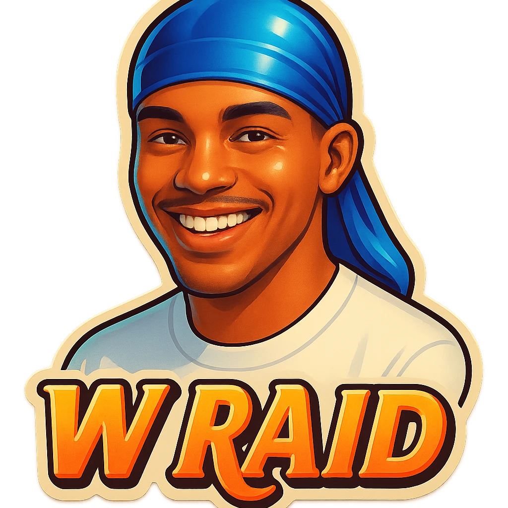 Smiling 
make his shirt white
Change His durag To BLUE
Make it say "  W Raid " emoji