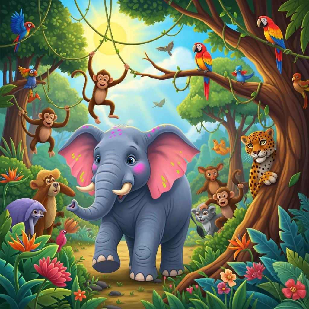 digital illustration of jungle safari in the style of children's story book emoji