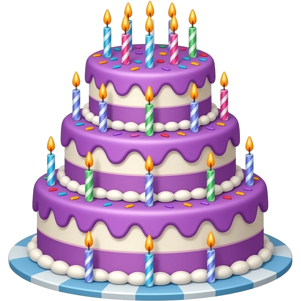 21st birthday cake colorful purple 4 tier with colorful sprinkles and candles emoji