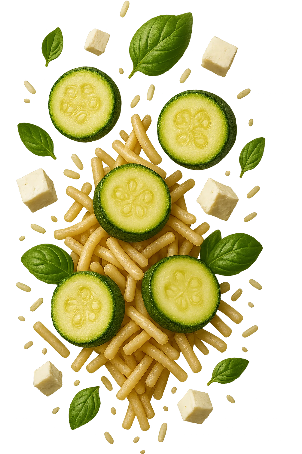 EMOJI STILE IPHONE DI Pasta di riso con zucchine, basilico e feta cade verticalmente, iperrealistica 4k emoji