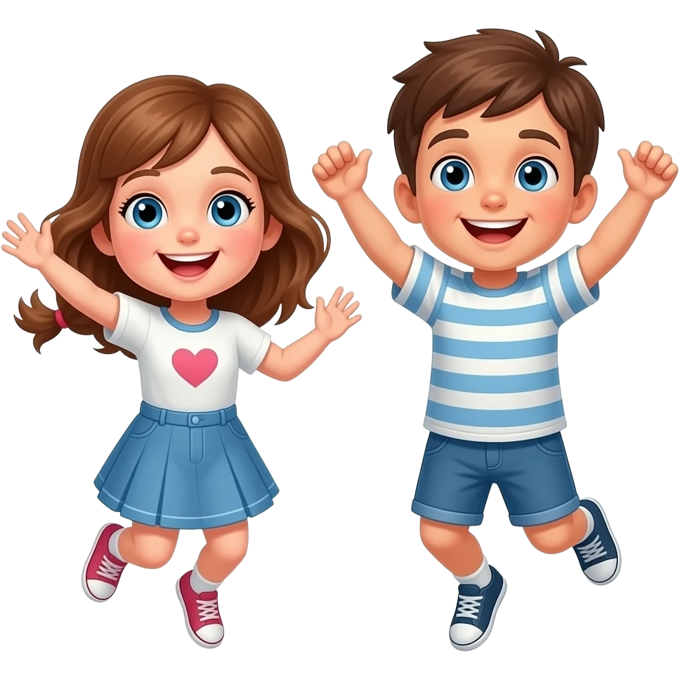 dos hermanos pequeños, una chica con ojos azules y cabello avellana saltando de alegria con su hermano de pelo castaño con ojos azules saltando de alegria emoji