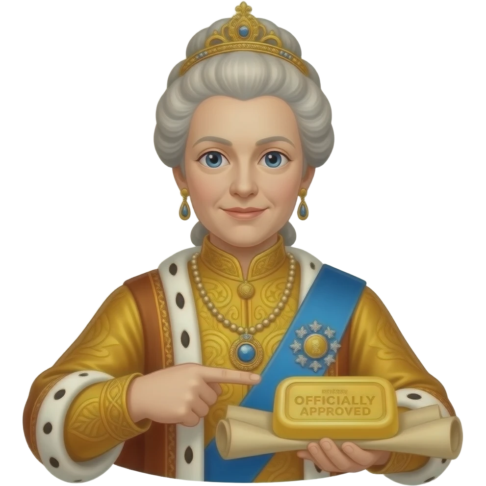 Catherine II in imperial regalia, pointing to a scroll and a golden bar of soap, 'OFFICIALLY APPROVED' concept. emoji