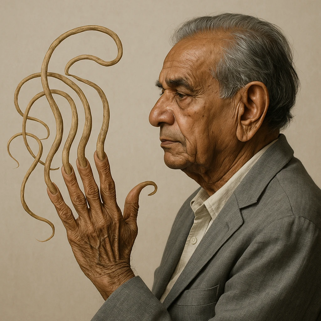 Shridhar Chillal, side view, displaying his hand with the world's longest fingernails, realistic style, neutral background emoji