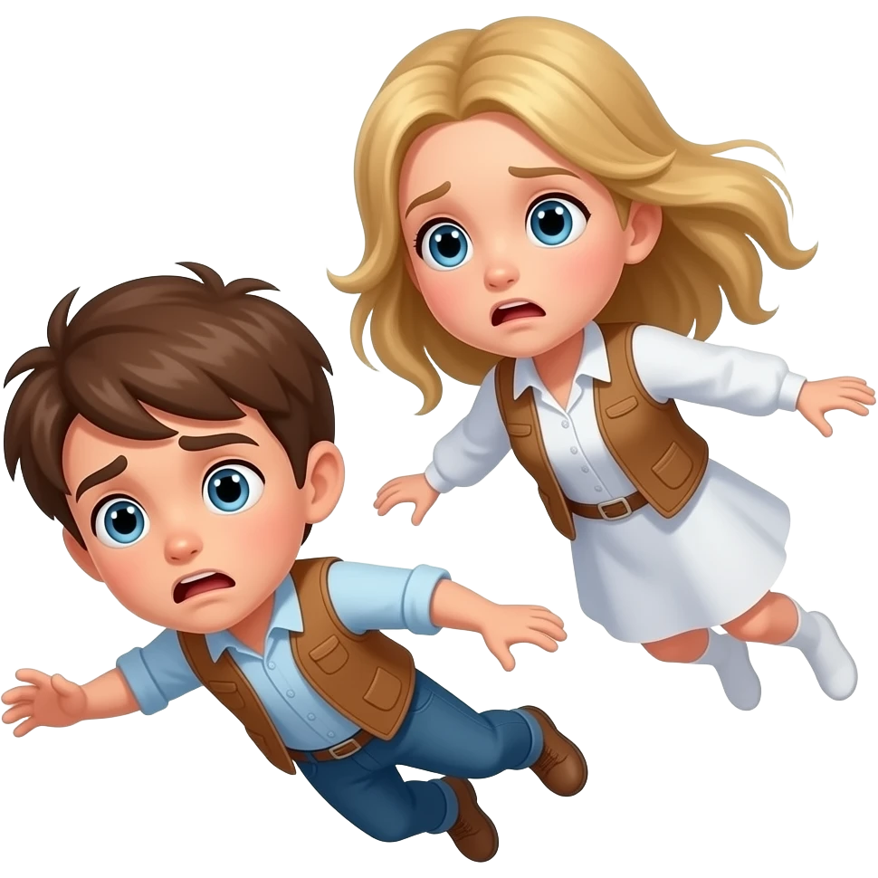 chico y chica caiendo del cielo asustados, el chico castanyo i con pelo corto y la chica pelo suelto y un poco rubia pero castaño y los dos tienen ojos azules son hermanos la chica con la ropa blanca i un peto emoji