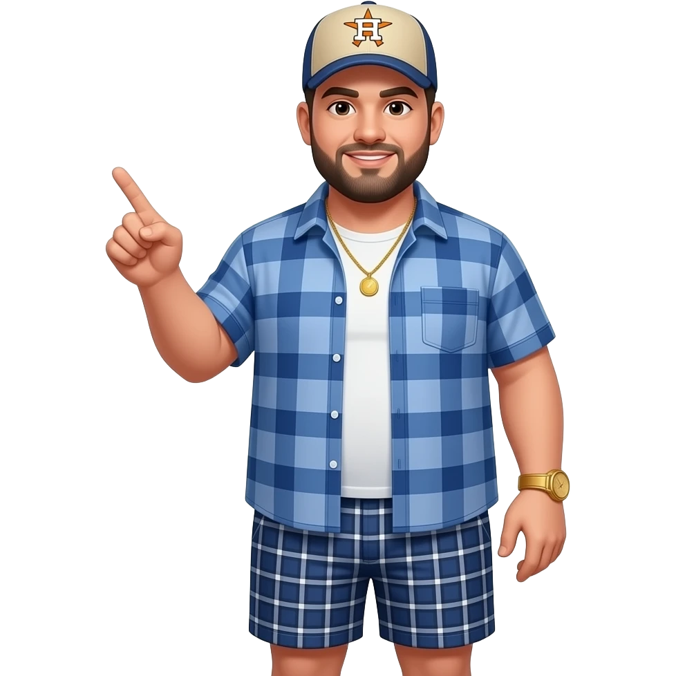 Chubby man with apricot skin tone with lightly shaved black beard wearing a blue button down short sleeve shirt with matching shorts with square pattern designs wearing an all beige color Huston Astros logo baseball cap wearing a gold tennis necklace and a gold wrist watch pointing finger out emoji