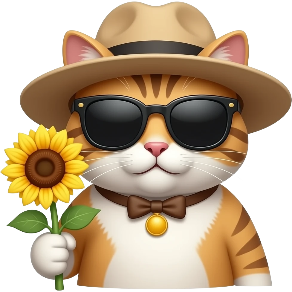 A cat in a hat and sunglasses with a sunflower in his hand  emoji