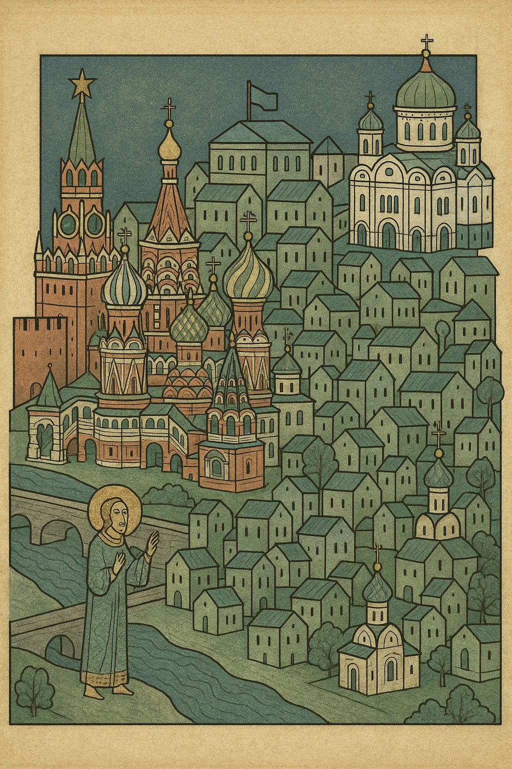 Isometric miniature 3D city with iconic landmarks of Moscow, colorful stylized buildings, cartoon realism emoji