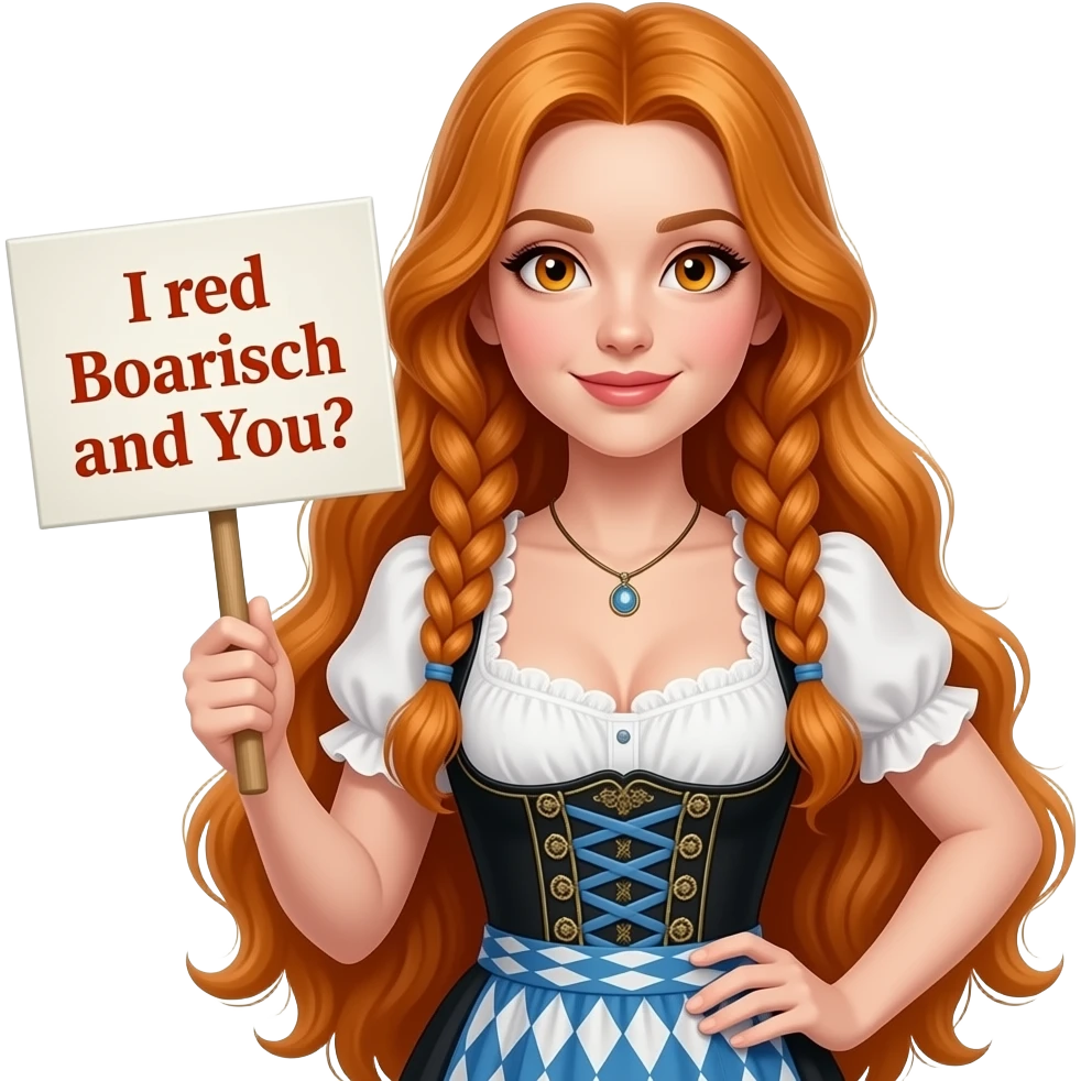 sexy girl with overlong ginger hair in braids and ginger eyes wearing a dirndl holding a I red BOARISCH und DU? sign emoji