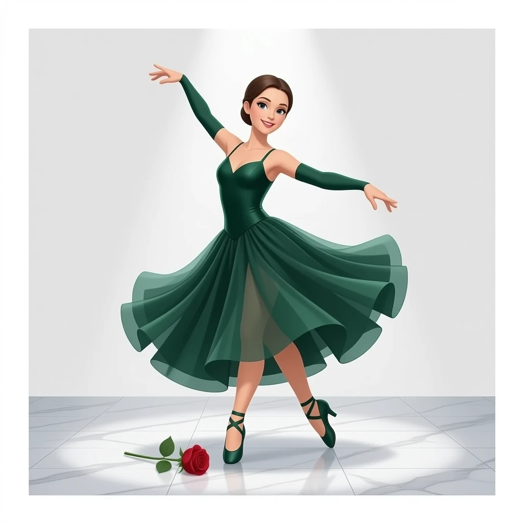 dark olive greena pair of ballroom dance shoes, a rose, a dance floor, a flowing, voluminous ballroom dress in motion, and a shining spotlight. The icon should represent the elegance and atmosphere of ballroom dancing, focusing on the attire and setting emoji