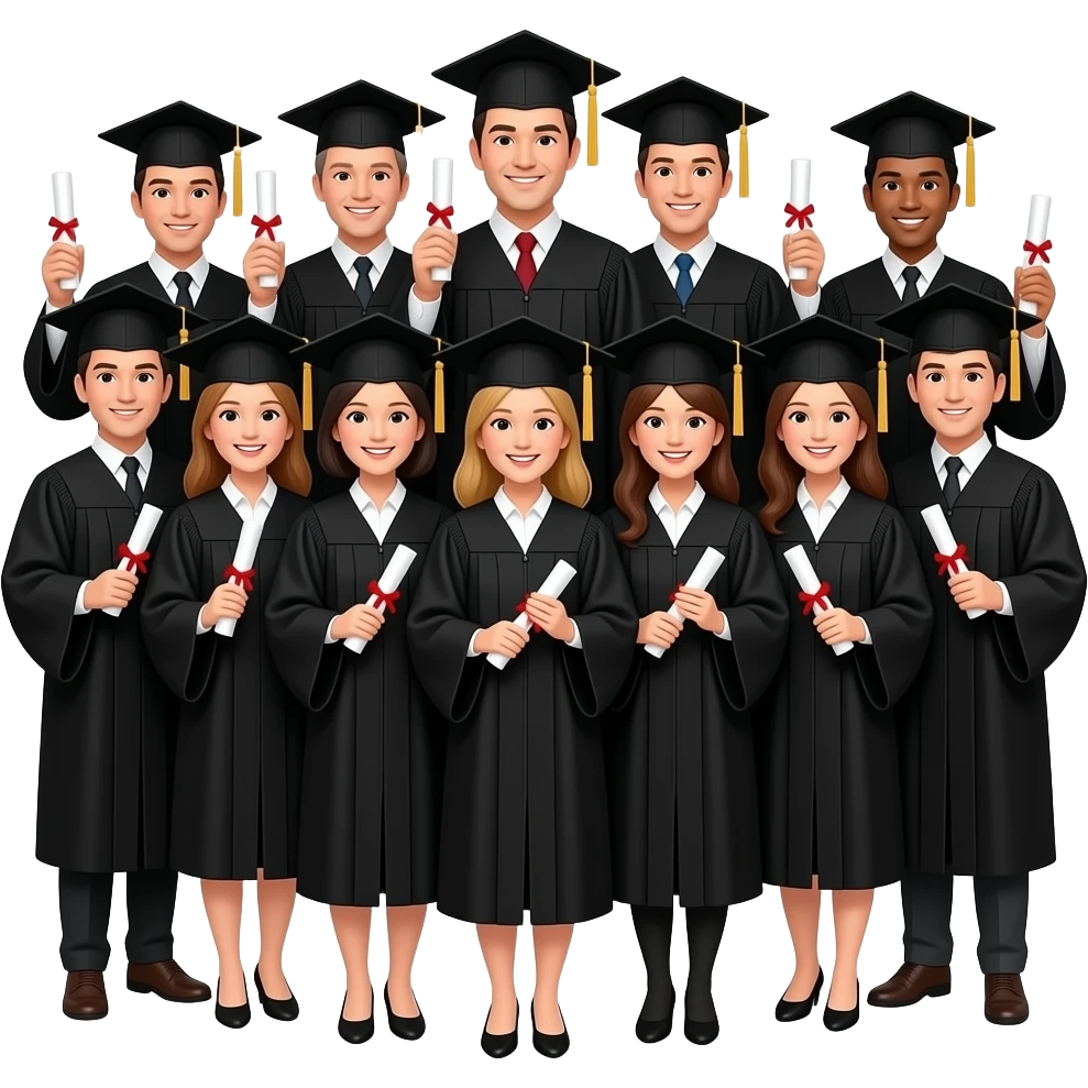 Group photo of 12 people wearing black graduation gowns and caps, holding diplomas, celebrating, university campus background, realistic, high quality photo emoji