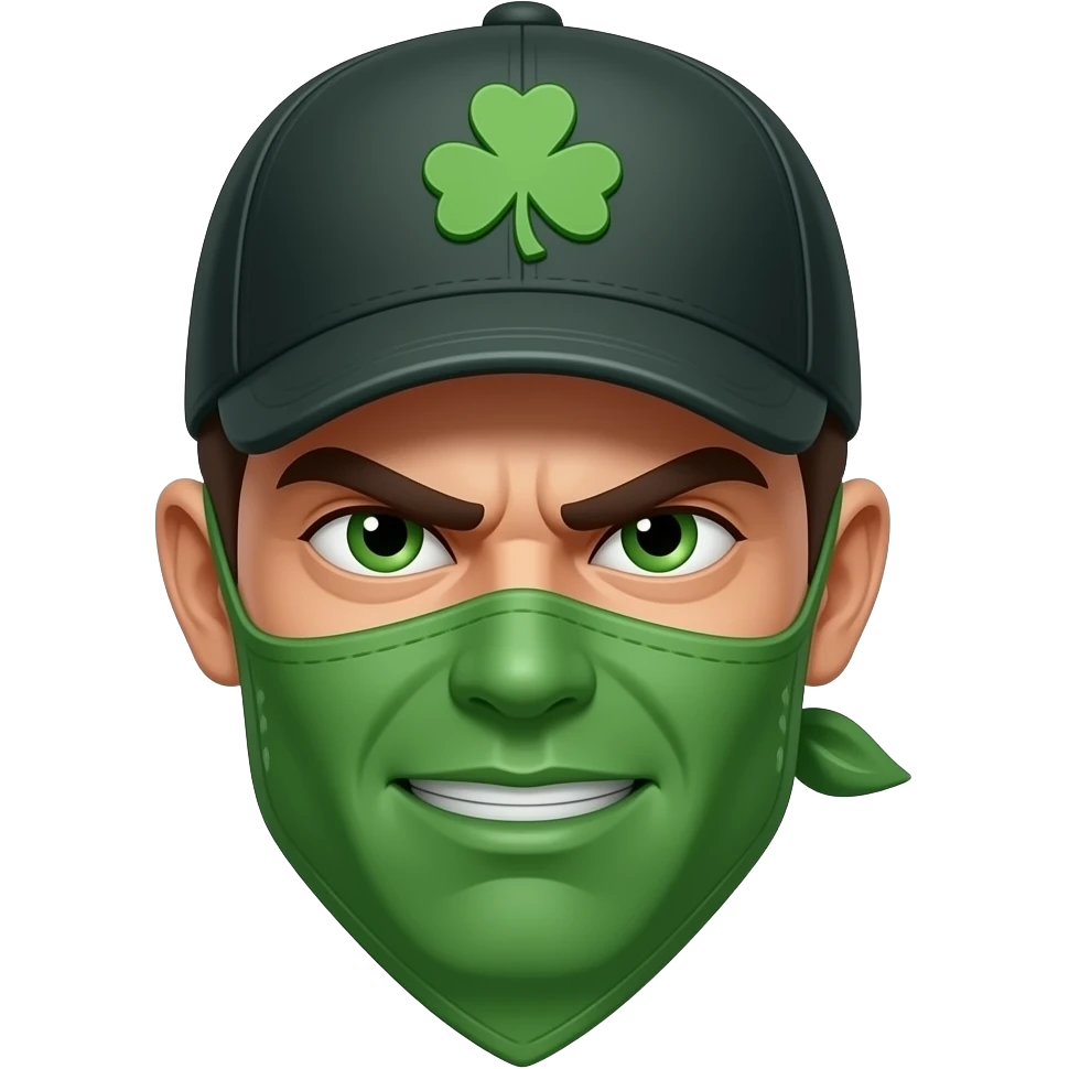 scary face of a hooligan wearing a cap with ☘️ on it and a green bandana but he looks like a hooligan and it doesnt show his smile emoji