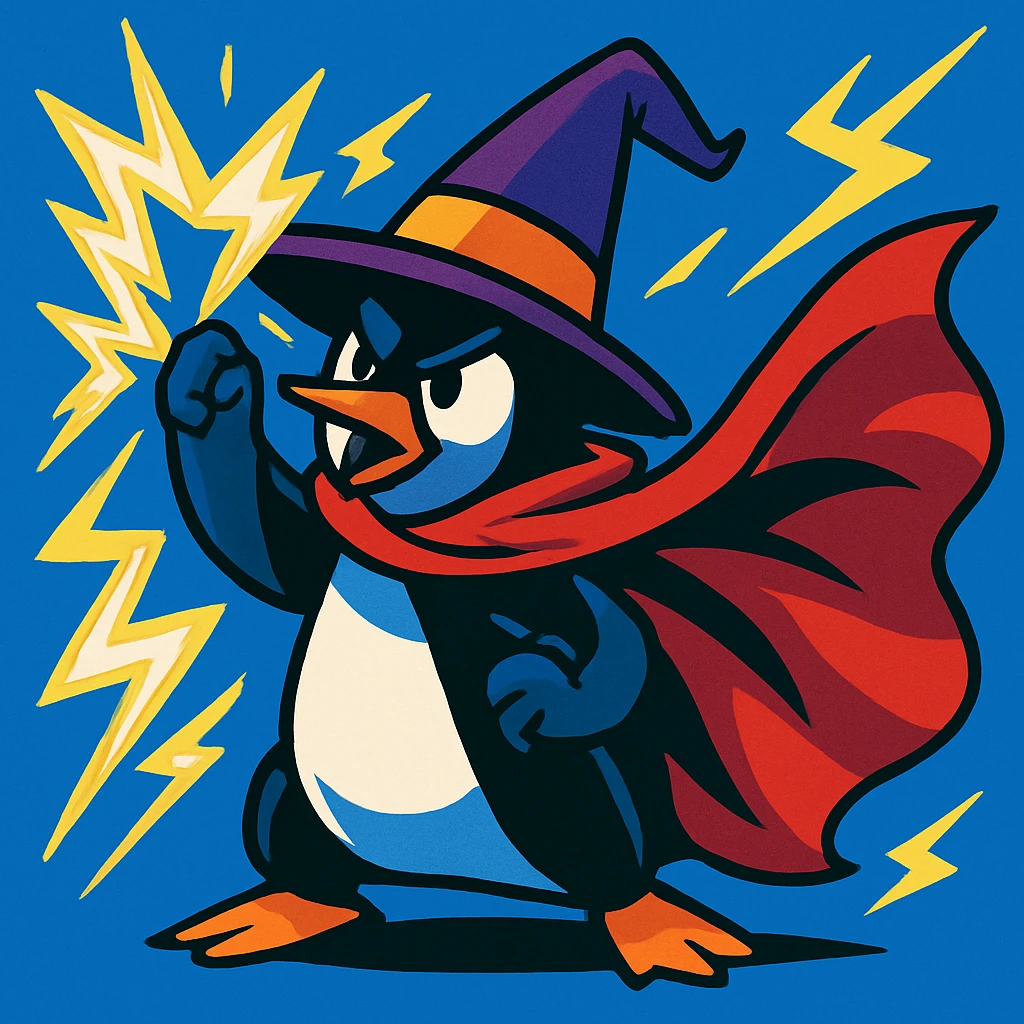 a heroic penguin wizard with a dramatic cape and lightning magic, in a bold, dynamic style emoji