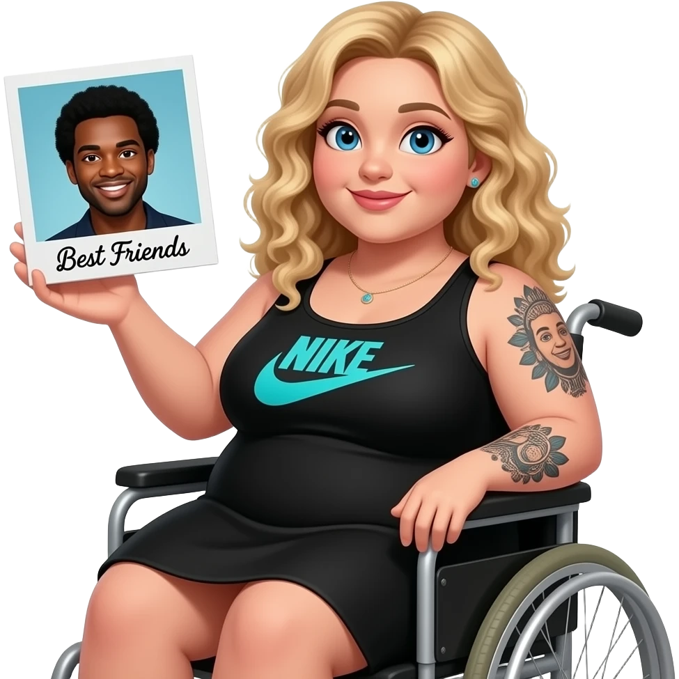 Plus size women waving in wheelchair Blonde curly hair blue eyes black tattoos on right lower arm wearing a black summer dress “Nike with logo” ”in cursive teal writing holding a Polaroid photo of a African American man with black hair brown eyes saying “Best Friends” in cursive writing emoji