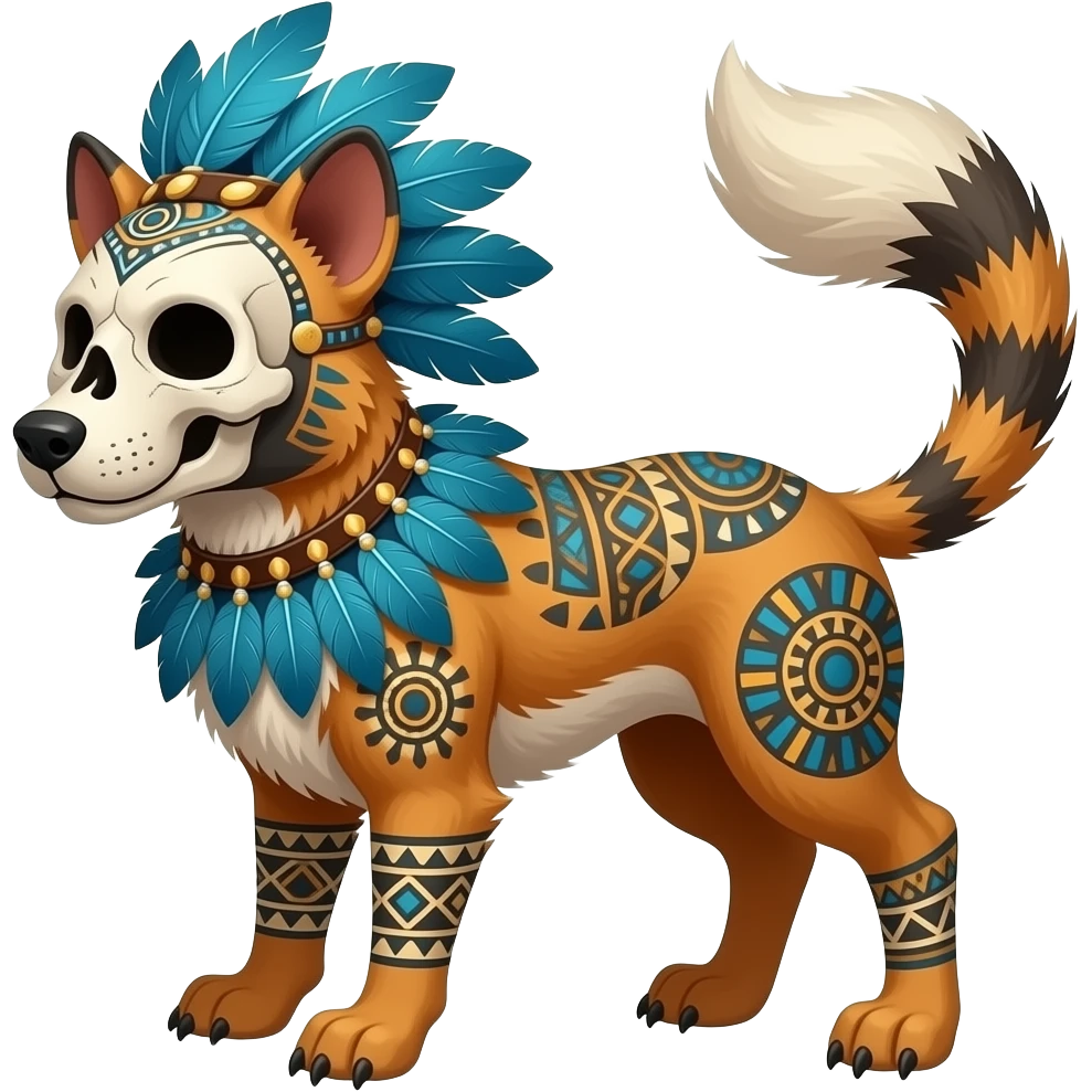 4-legged Furry cute colorful exotic tribal feral anime-styled Fakémon-Pokémon-animal-creature with a skull mask, and a feather-mane-collar, and blue feathers, no ears, earless, long furry tail, 4 legs, (full body), with intricate pattern-markings emoji