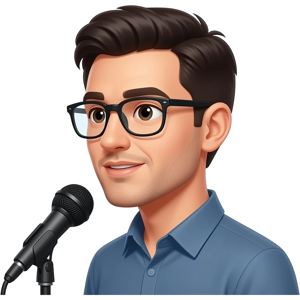 Молодой парень лет 30, темноволосый в очках, с небольшой щетиной проходит вдоль линии подбородка и соединяется в маленькую полоску под нижней губой и щеной где усы, щёки и виски должны быть тщательно выбриты, стоит в профиль и говорит что-то в микрофон emoji