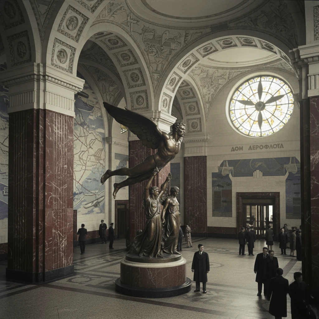 Дом Аэрофлота Чечулина изнутри. Огромные арки и скульптуры Икара

Стиль - архивные цветные фотодокументы emoji