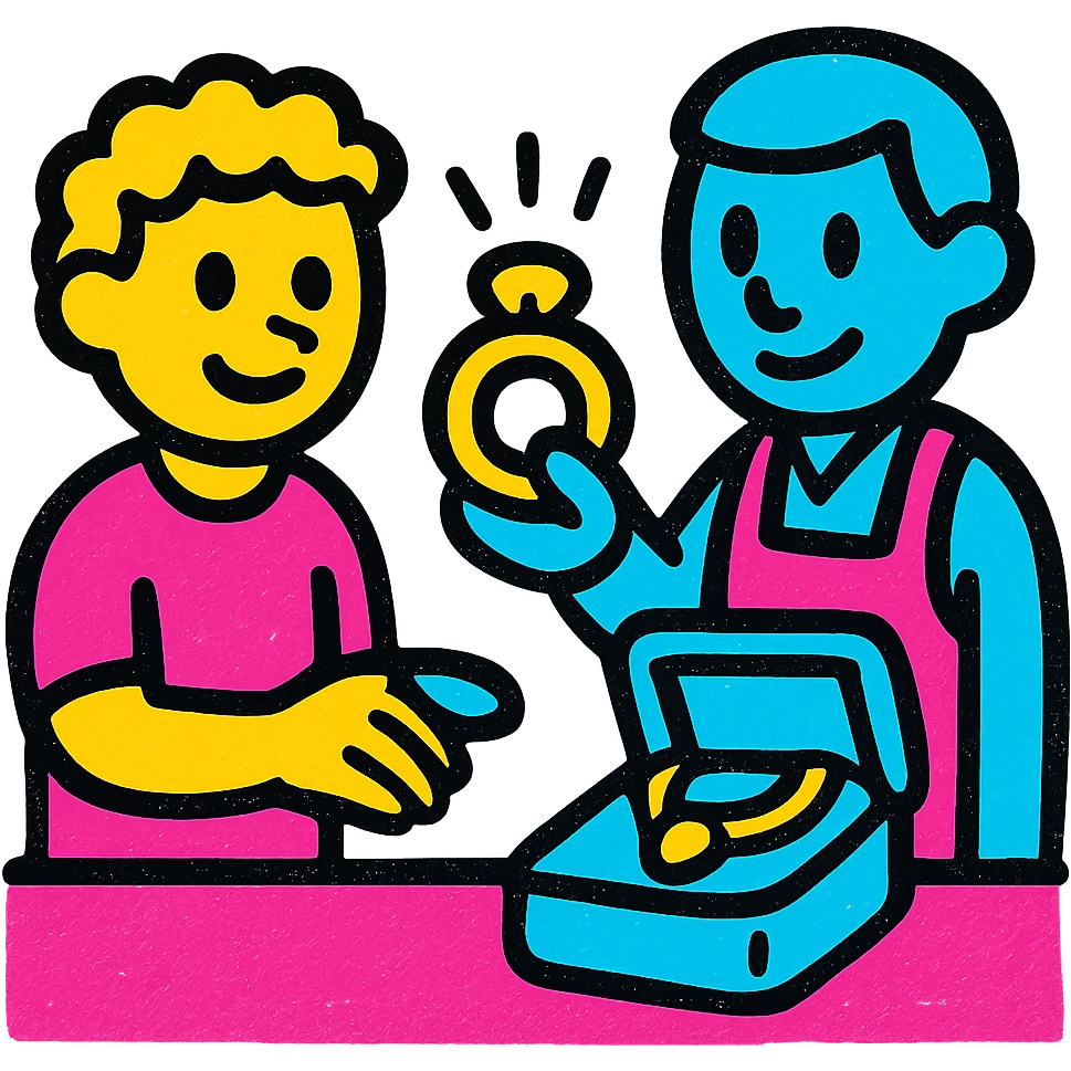 a person buying a gold jewel, vibrant and clear, emoji style, no text emoji
