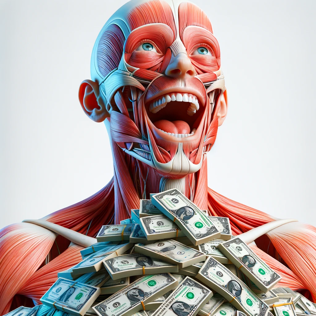corpo umano anatomico sereno e felice con una montagna di banconote davanti, espressione stupita, iperrealistica 4k, isolato su sfondo bianco emoji