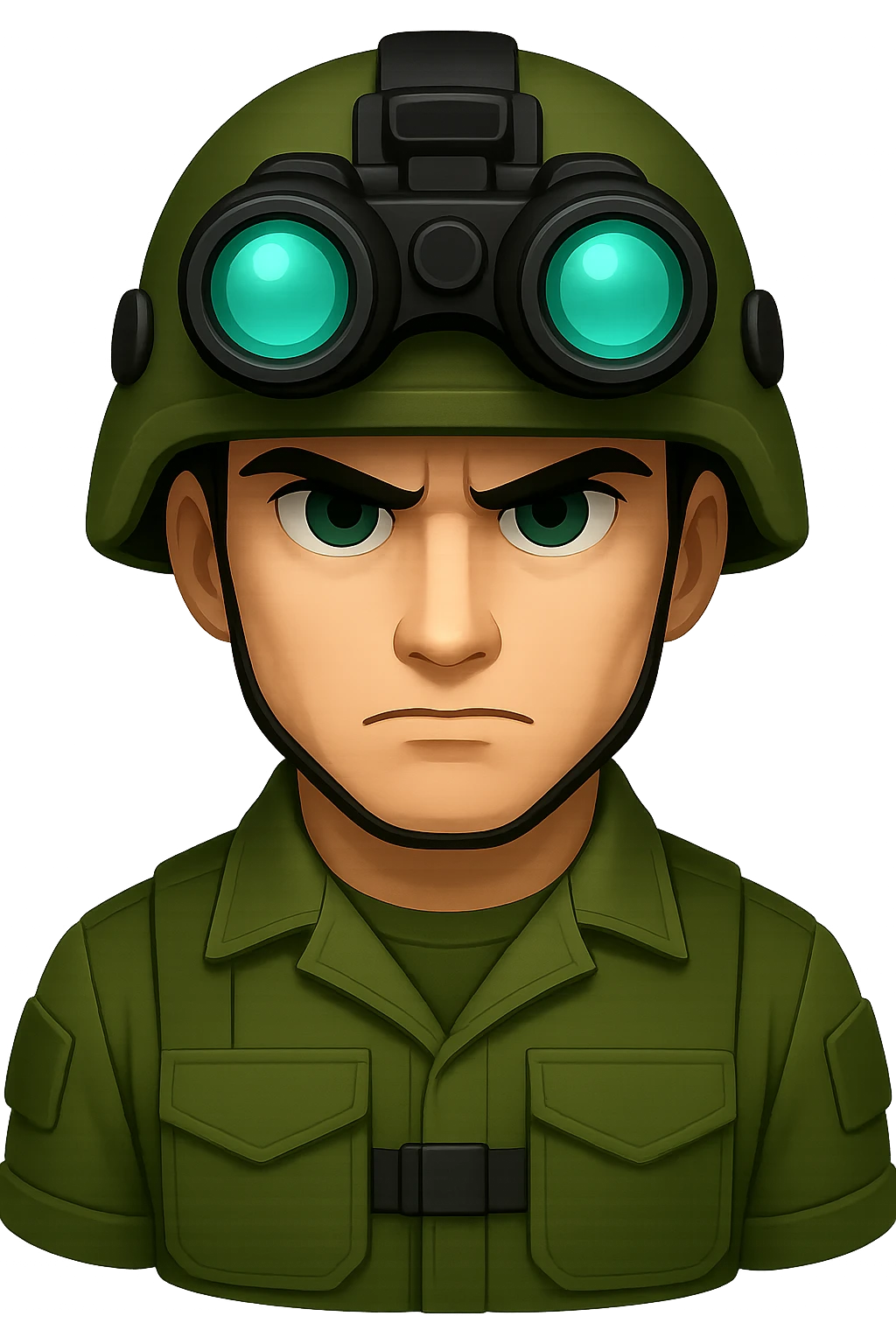 Make the white-skinned male soldier look even cooler and more intimidating, wearing stylish green gear, a distinctive modern helmet, and night vision goggles. Render in emoji style with no background (transparent). emoji