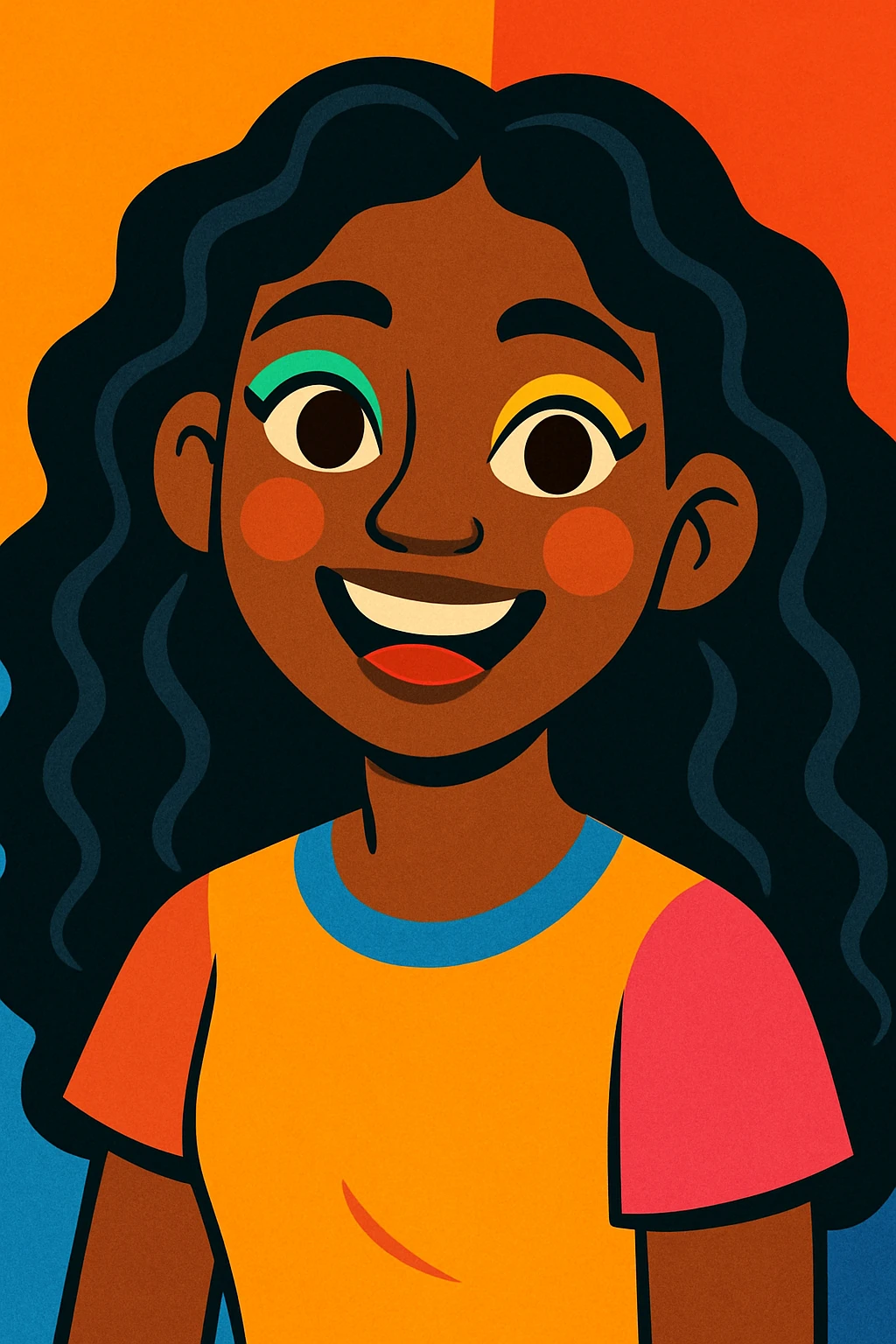portrait of a brown-skinned girl with long, curly black hair, brown eyes, colorful makeup, cheerful expression emoji