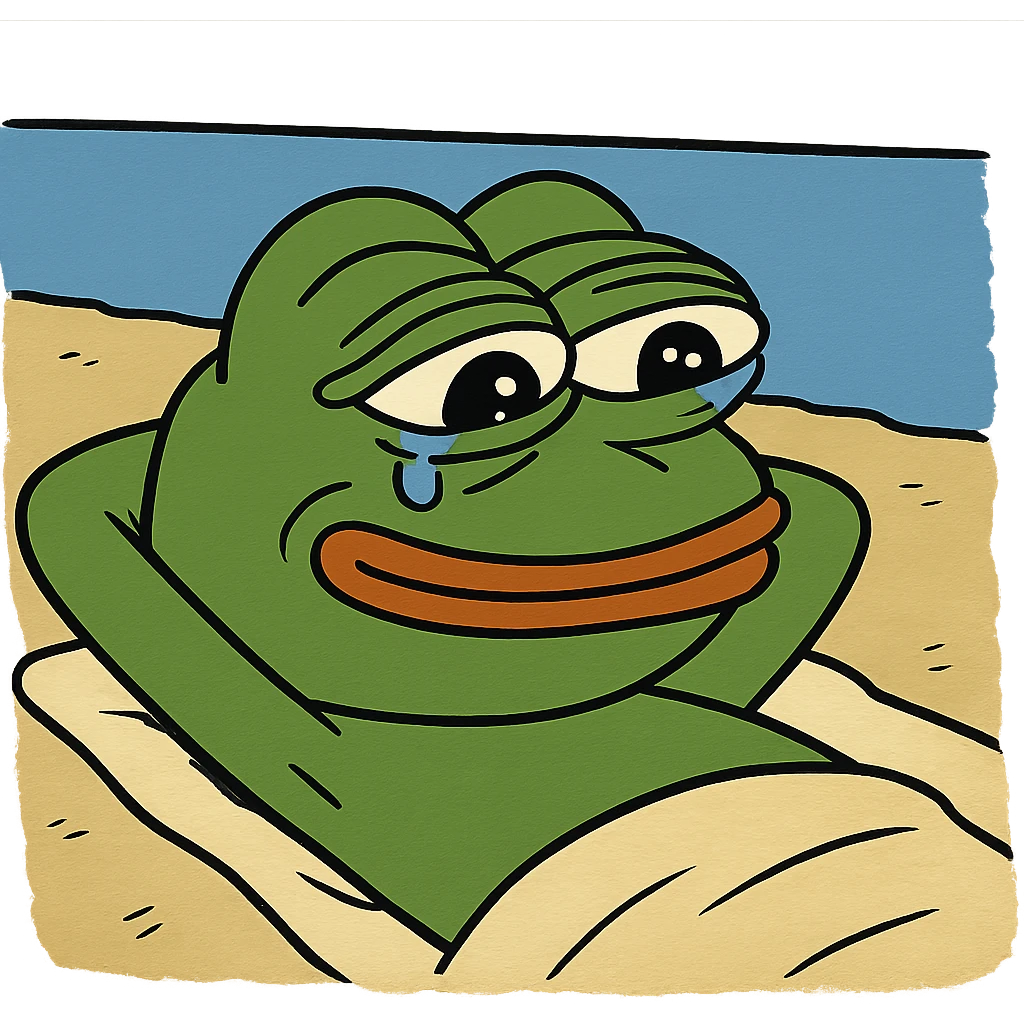 Pepe the Frog lying with a towel by the water, transparent background, PNG emoji