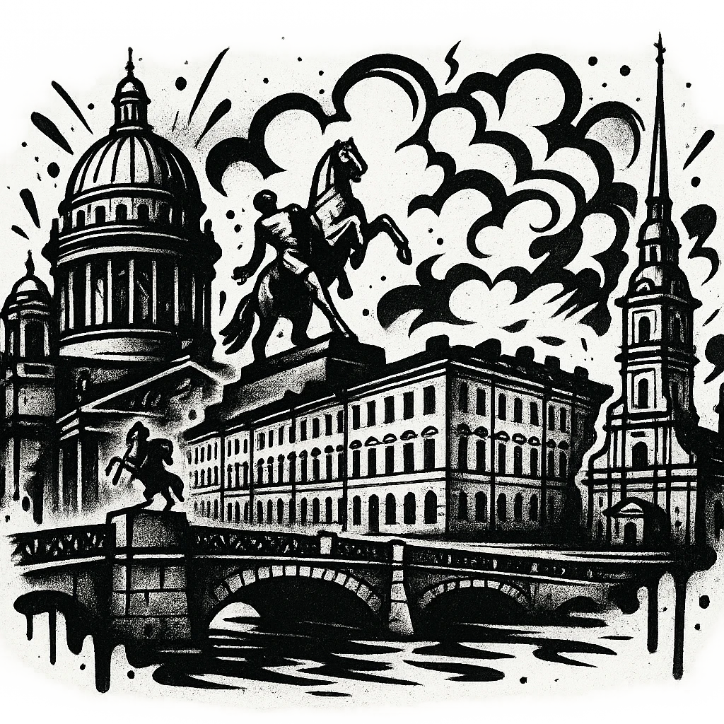 Сделай png рисунок Санкт-Петербурга в стиле граффити. Граффити черно-белое. Надписи не делай.  emoji