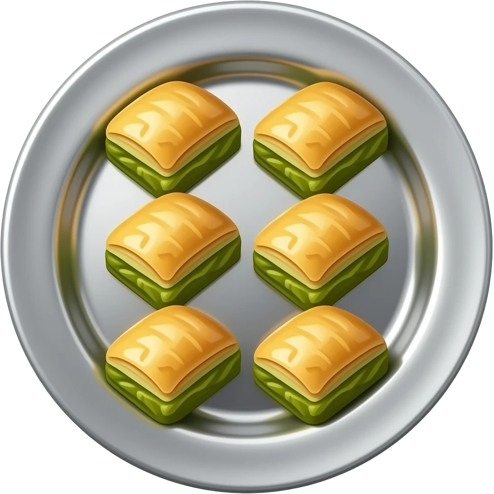 Gümüş bir tabakta 6 adet 2li şekilde 3 sıra dizilmiş fıstıklı baklava emoji