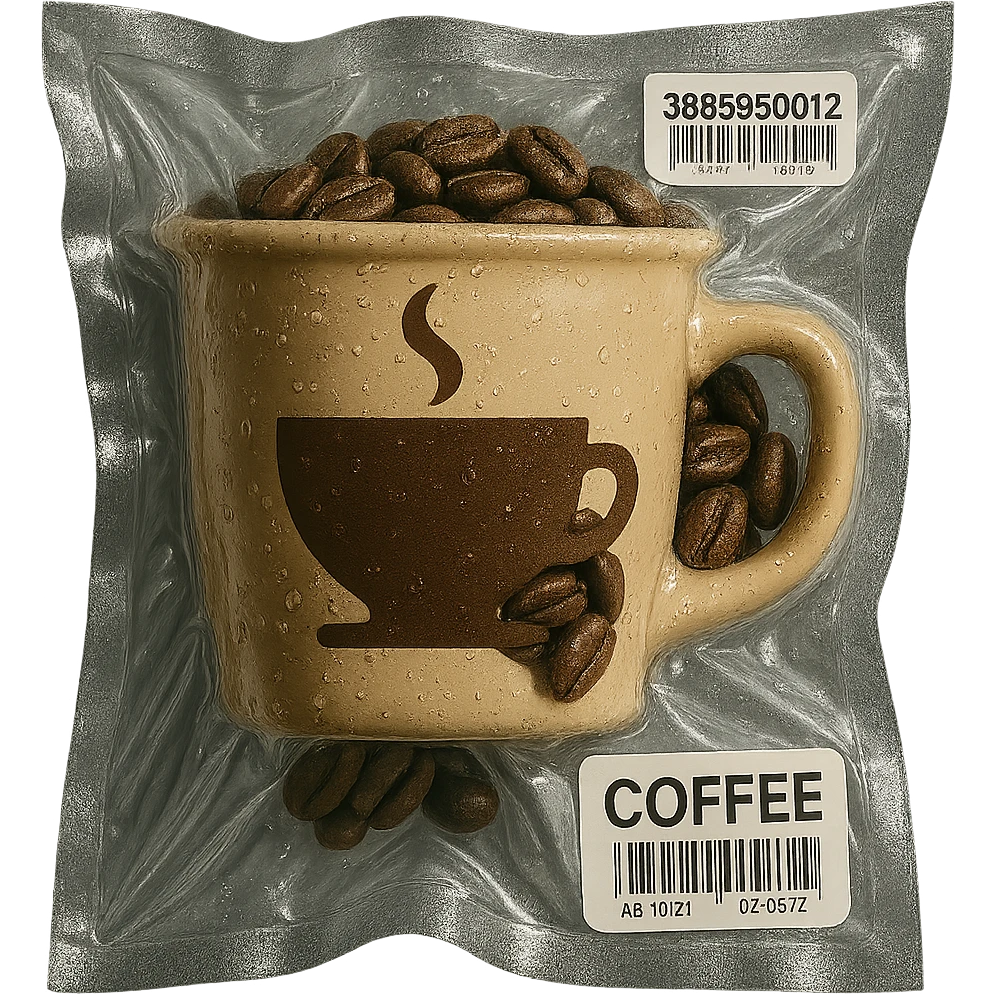 Add coffee beans inside the vacuum-sealed coffee cup, keep the vacuum-sealed style, transparent background. emoji