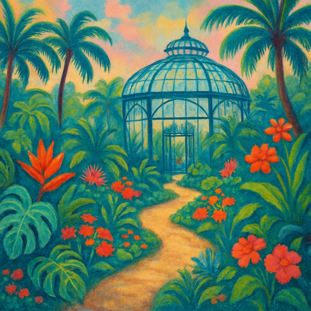 A stylized botanical garden scene with winding paths, tropical plants, and glass greenhouse emoji