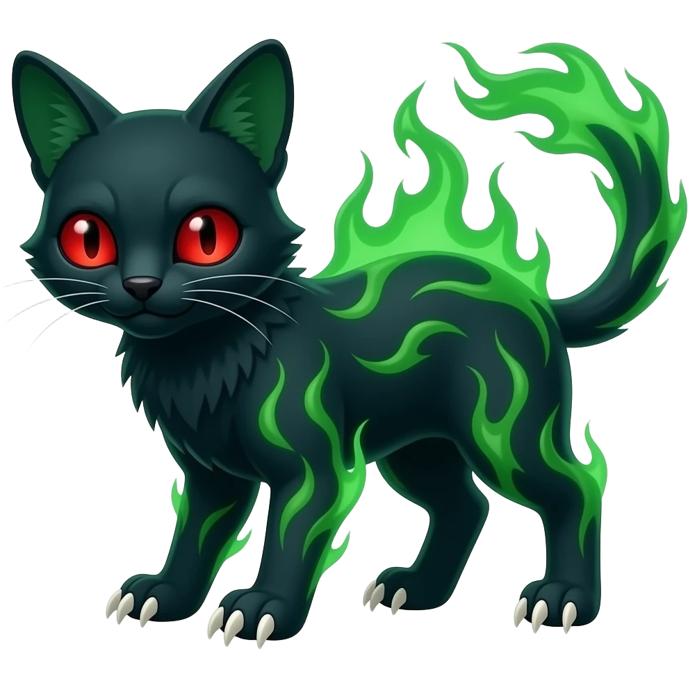 Dark-deep-blackish-Greenish Zombie-serval, full body, with green spectral haunted flames, big white claws, slit pupils, big red eyes, emoji