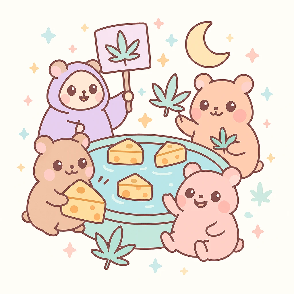 circular centered composition of a hamster cult weed and cheese pool party at night, vibrant and playful, kawaii style emoji