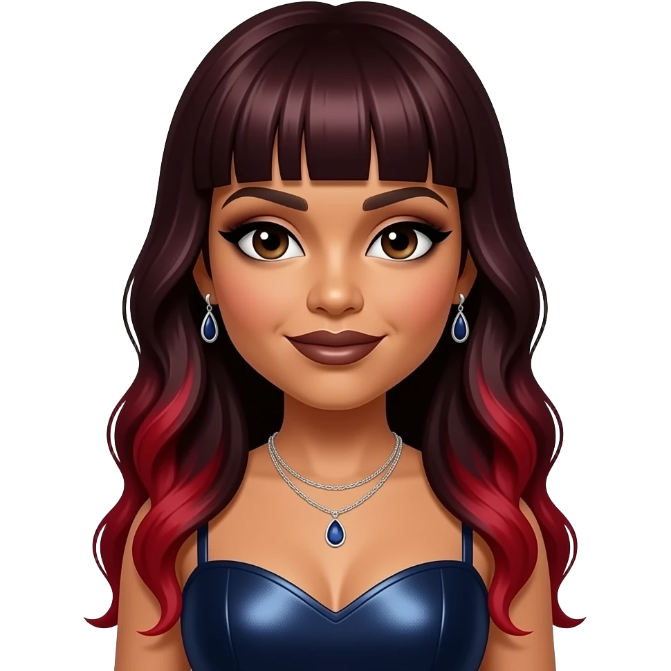 Traci Braxton from The Braxtons with dark brown eyes, long dark red bang hair with red ombre, black eyeshadow, dark brown lipstick, dark indigo metallic sweetheart dress, necklace and earrings emoji