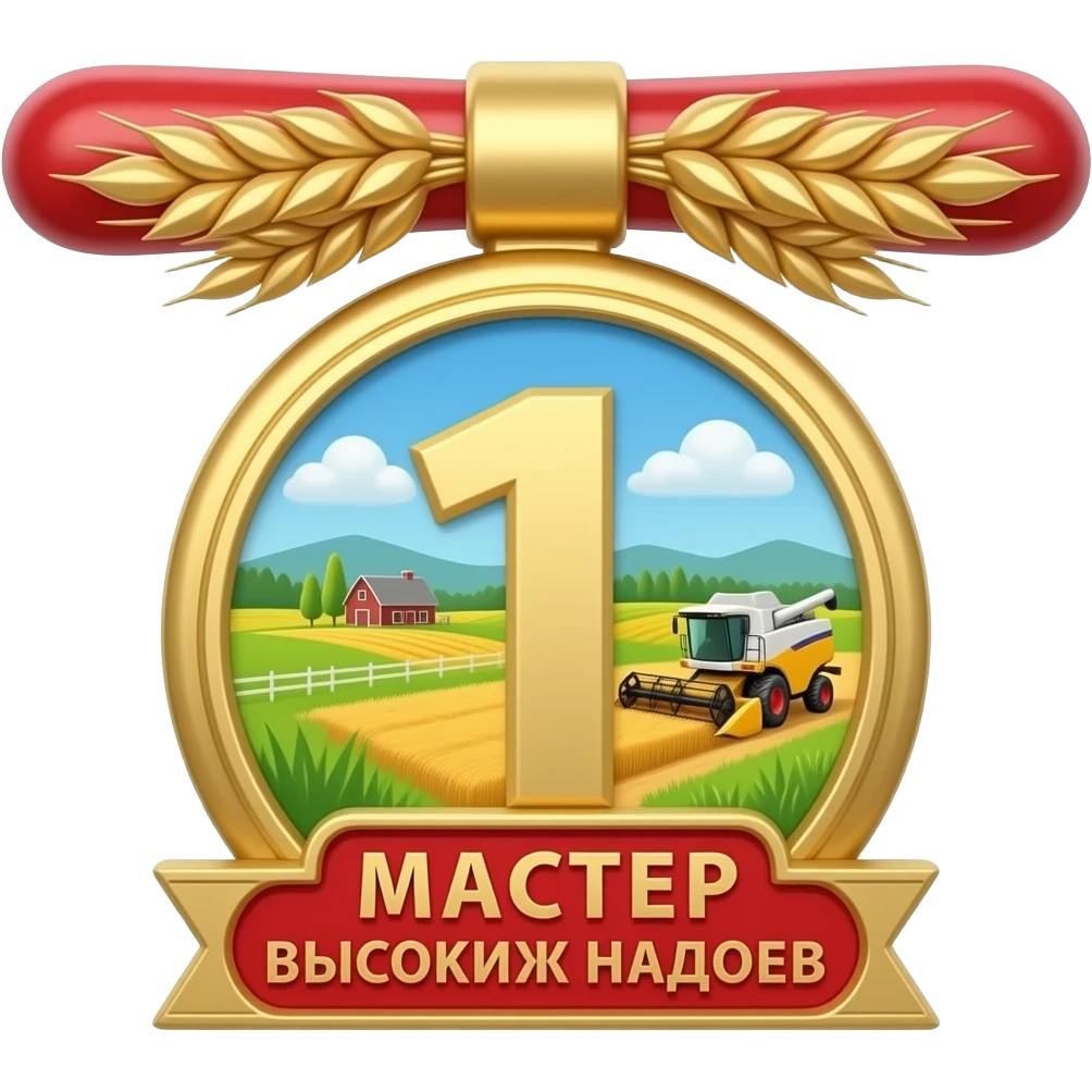 Top: red enamel bar with gold wheat. Lower gold ring: detailed landscape with fields, barn, combine harvester. Foreground dominates: large red-framed golden '1' and distinct Russian text: 'МАСТЕР ВЫСОКИХ НАДОЕВ'. Clean render. emoji