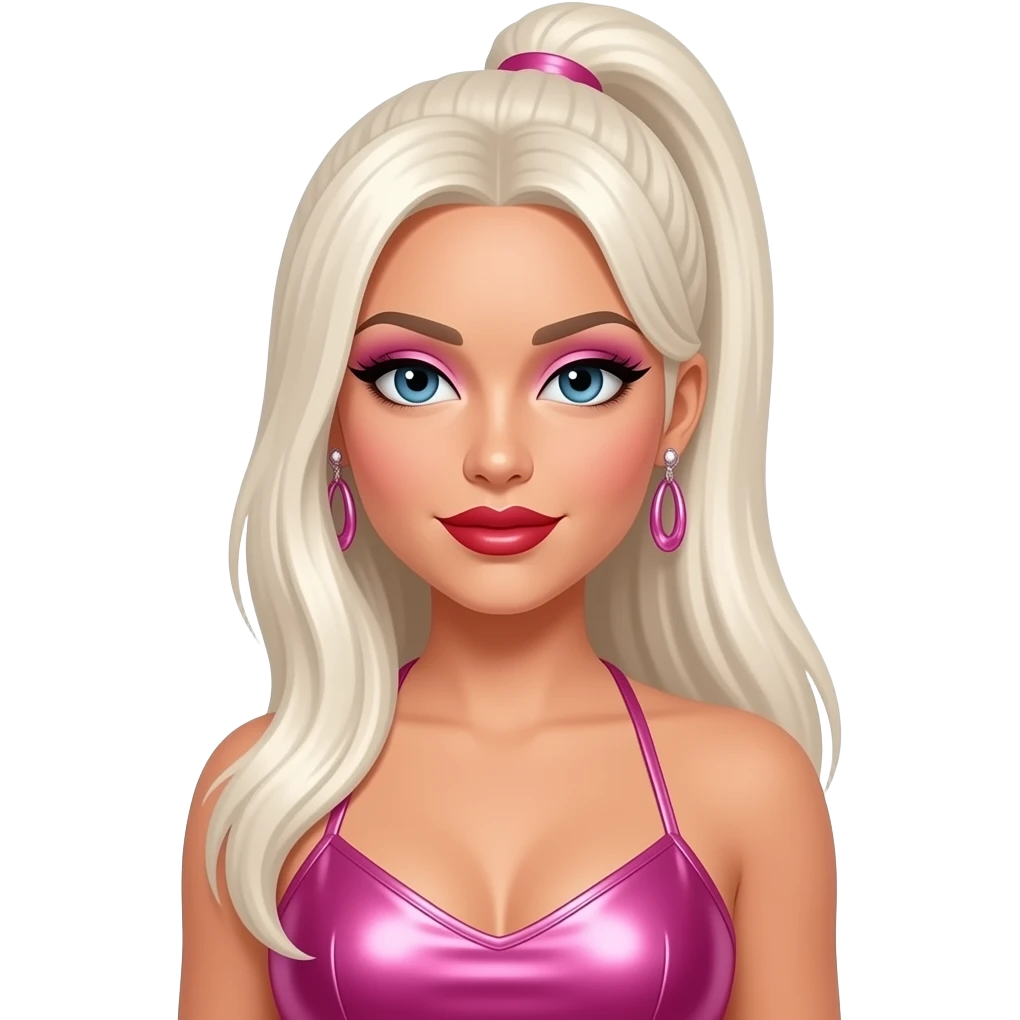 Kimberly Wyatt from The Pussycat Dolls with blue eyes, long white blonde 2000s straight high ponytail hair, pink eyeshadow, red lipstick, pink metallic halter dress, earrings emoji