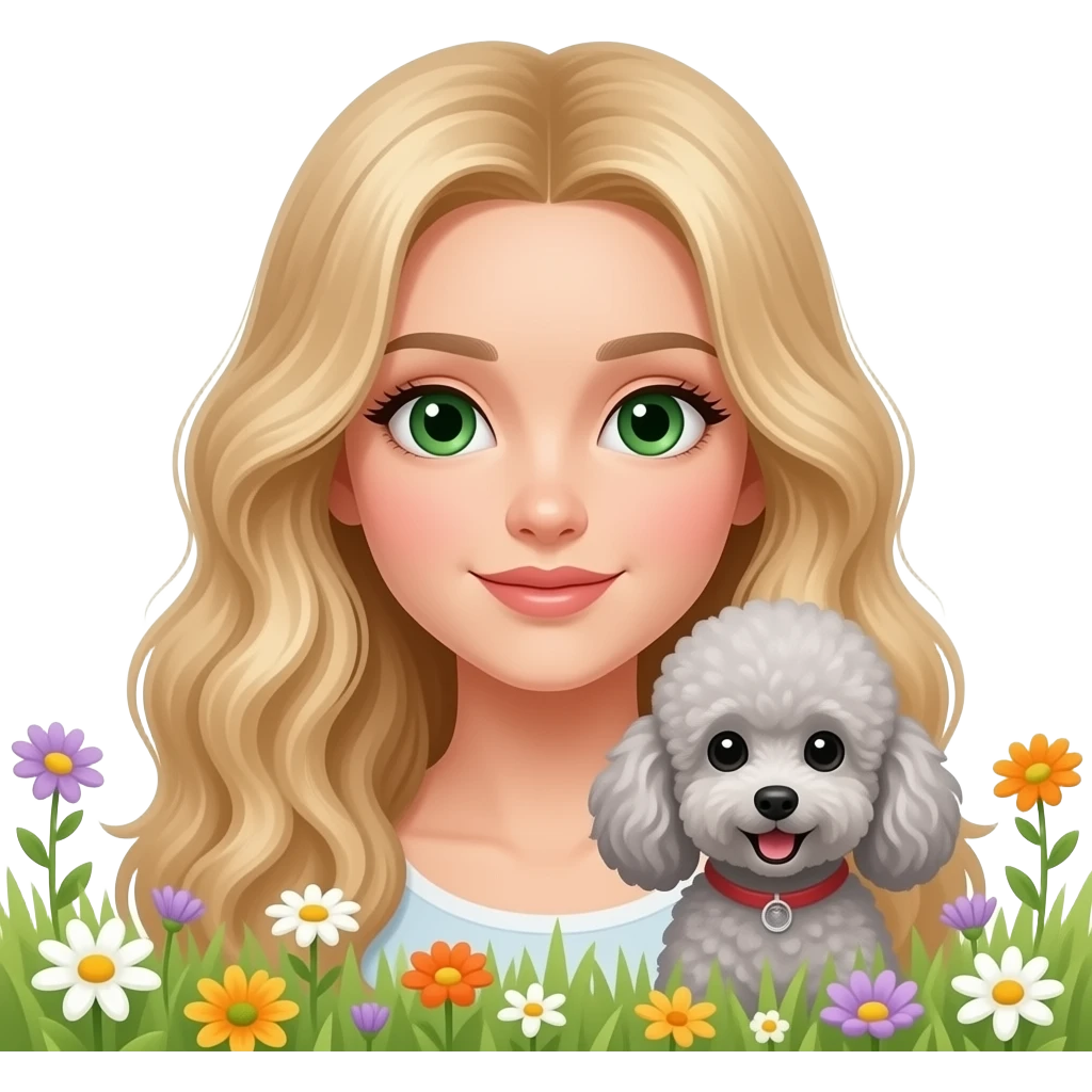 A beautiful girl with green eyes and-long blonde wavy hair a silver curly standard size poodle in the flowers emoji