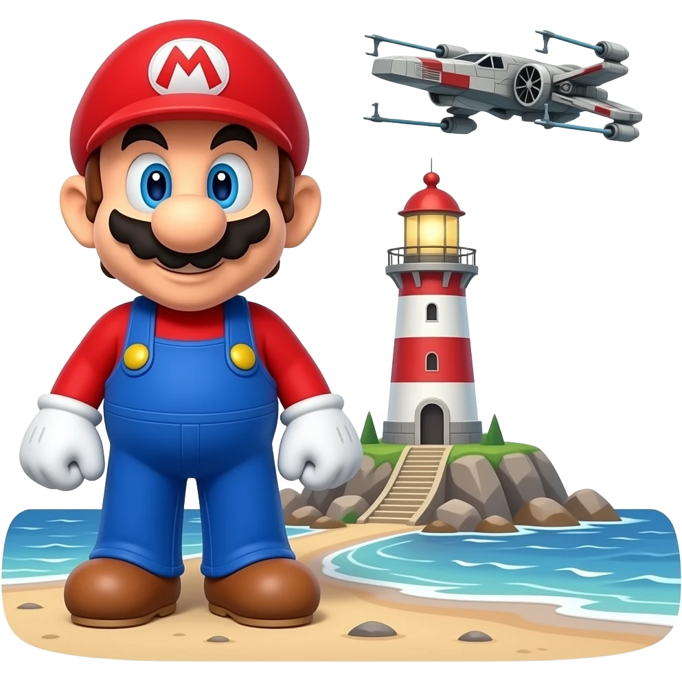 super mario bro close to a lighthouse 3d close to the ocean with star wars emoji