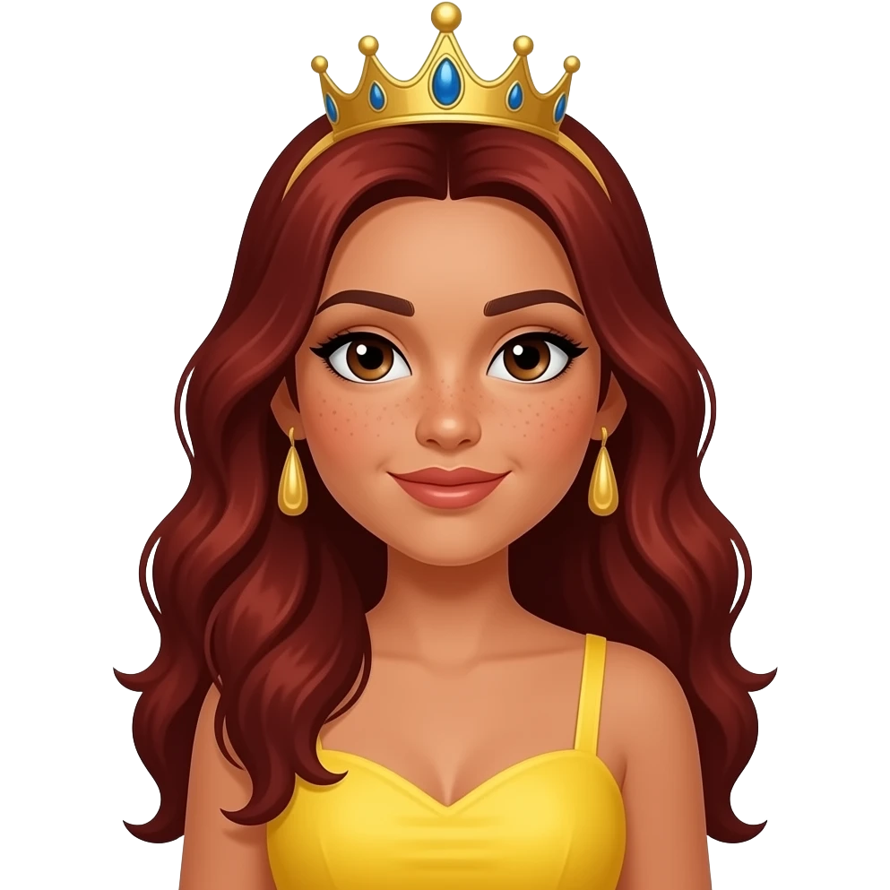 latina yellow dress dark brown eyes Long red head queen with a little freckles emoji