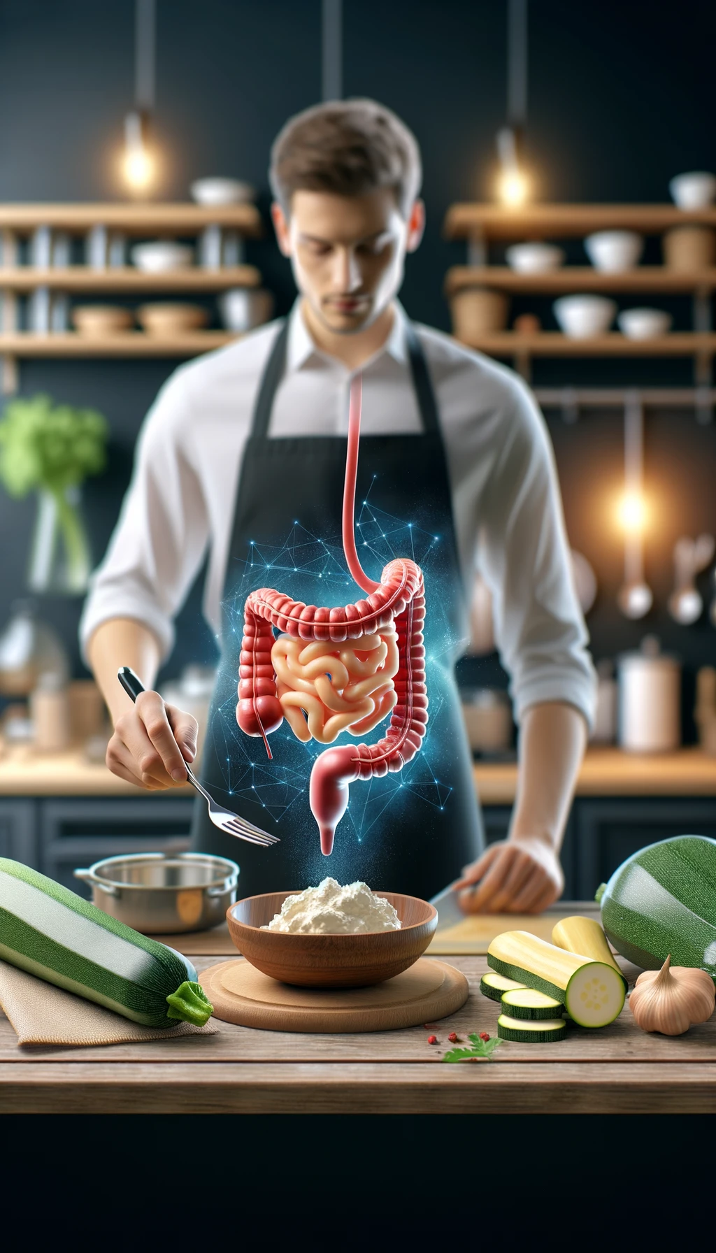 corpo umano con capelli corti con grembiule nero che cucina una ricetta con zucchine, gnocchi e ricotta, intestino realistico in evidenza, cucina sfocata sullo sfondo emoji