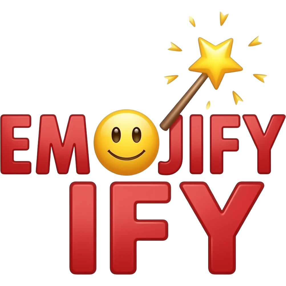 Red text "EMOJIFY" is stretched in height and width. Letter "O" is a smiley face with a magic wand. emoji