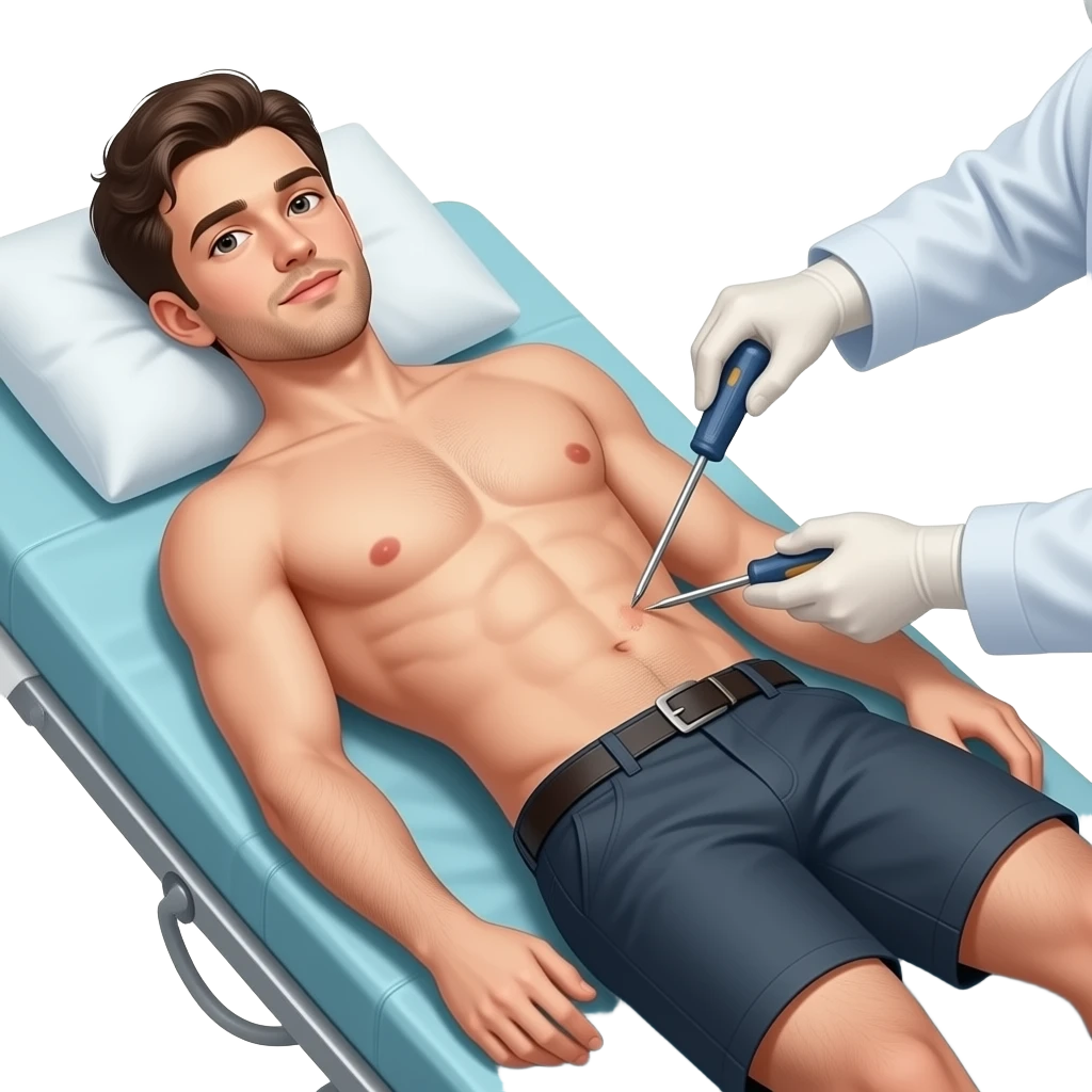 A guy about 23 years old, handsome, full-length, completely naked,  has six-pack abs, He has natural body hair on his arms, legs, and a faint line of hair below his navel. He lies in operating table . The surgeon uses   screwdriver to drill guy stomach. emoji