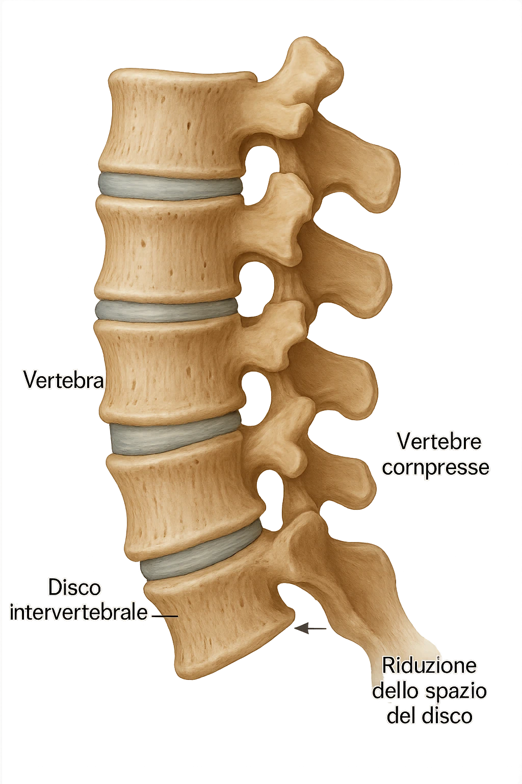 realistic anatomical image of compressed vertebrae, lateral view, no background, well-defined anatomical details, captions in Italian, aspect ratio 2:3 emoji