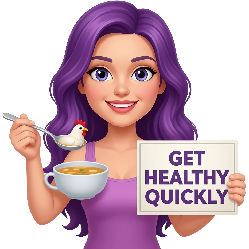 sexy girl with long purple hair holding a chicken soup and a wish WERD SCHNELL WIEDER GESUND sign emoji