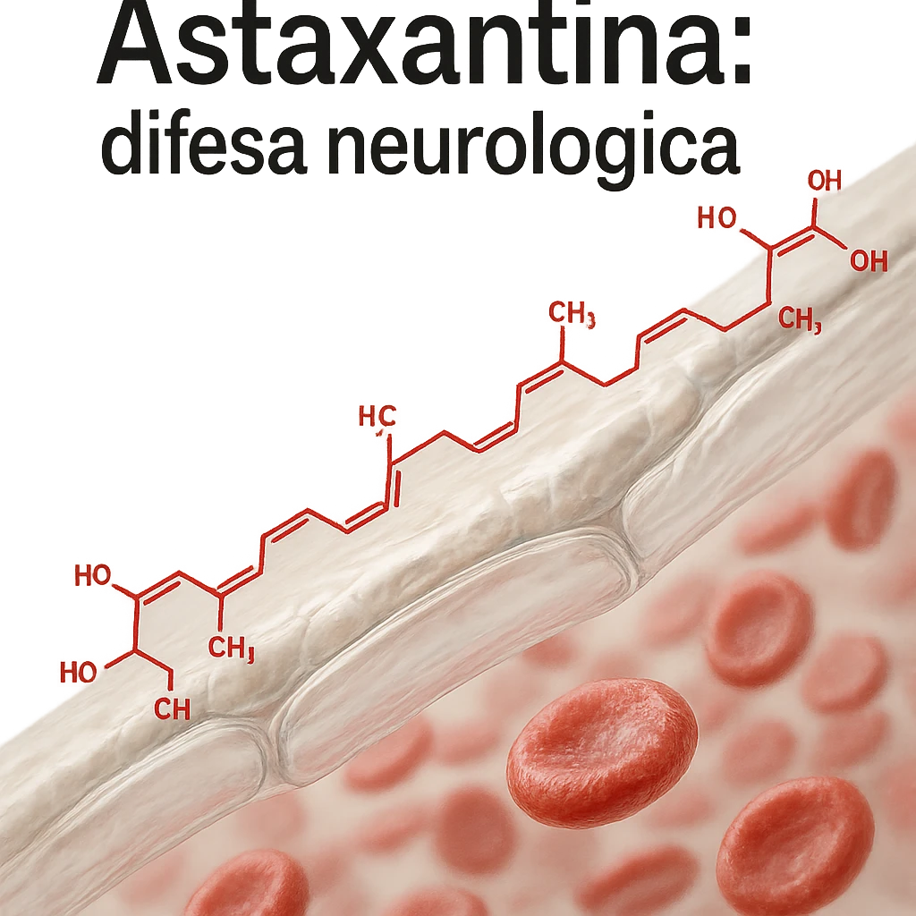 hyper realistic red astaxanthin molecule highlighted crossing a transparent blood-brain barrier, clinical atmosphere, light background, with text 'Astaxantina: difesa neurologica' emoji