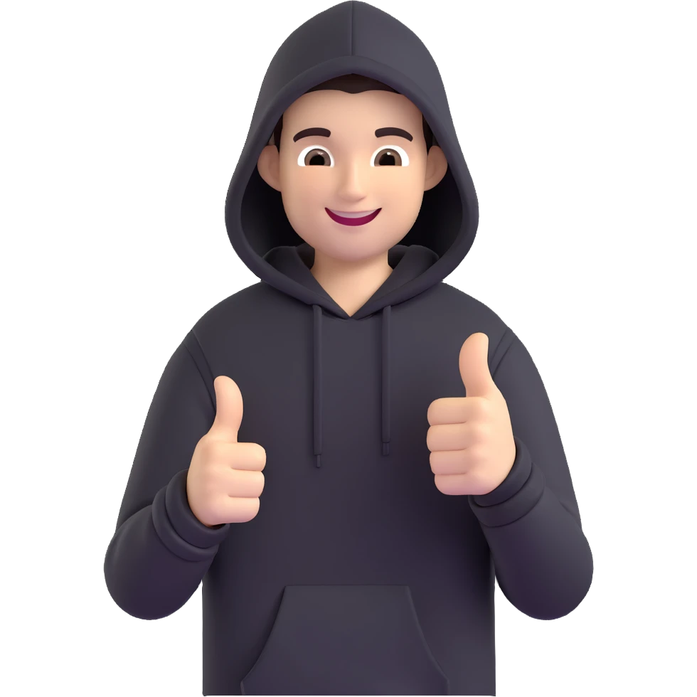person in black hoodie giving a thumbs up, smiling, 3D style emoji